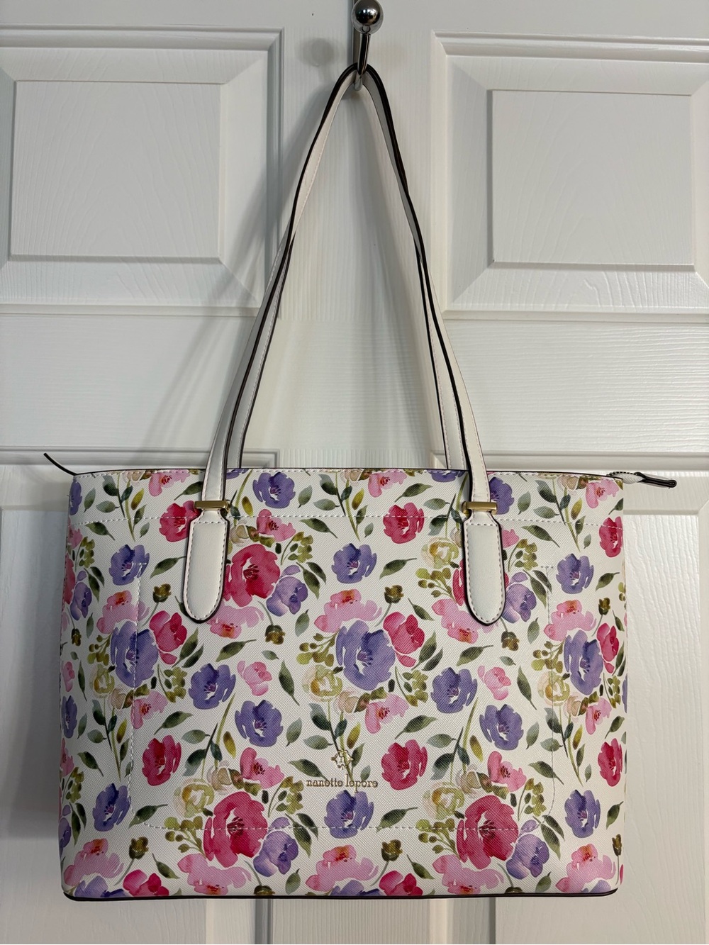 Nanette Lepore White Floral Tote with Pink & Purple Blooms